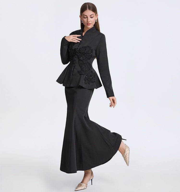 CM-SY069941 Women Elegant European Style V-Neck Long Sleeve Beads Decor Blouse With Mermaid Skirt - Set