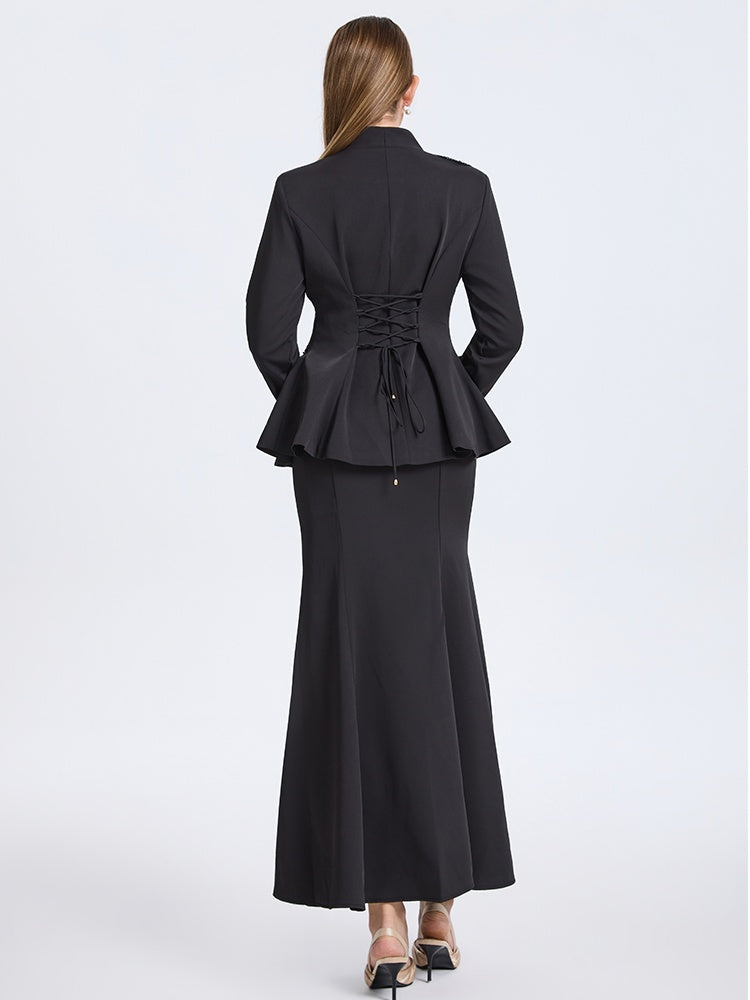 CM-SY069941 Women Elegant European Style V-Neck Long Sleeve Beads Decor Blouse With Mermaid Skirt - Set