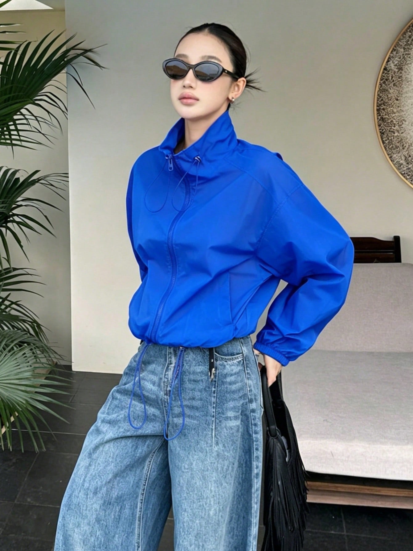 CM-CS788067 Women Casual Seoul Style Drawstring Collar Loose Fit Short Lightweight Jacket - Blue