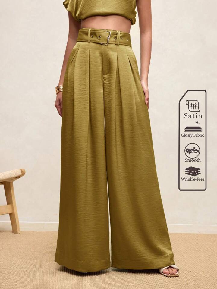 CM-BS266222 Women Casual Seoul Style High Waist Pleated Wide Leg Pants - Khaki