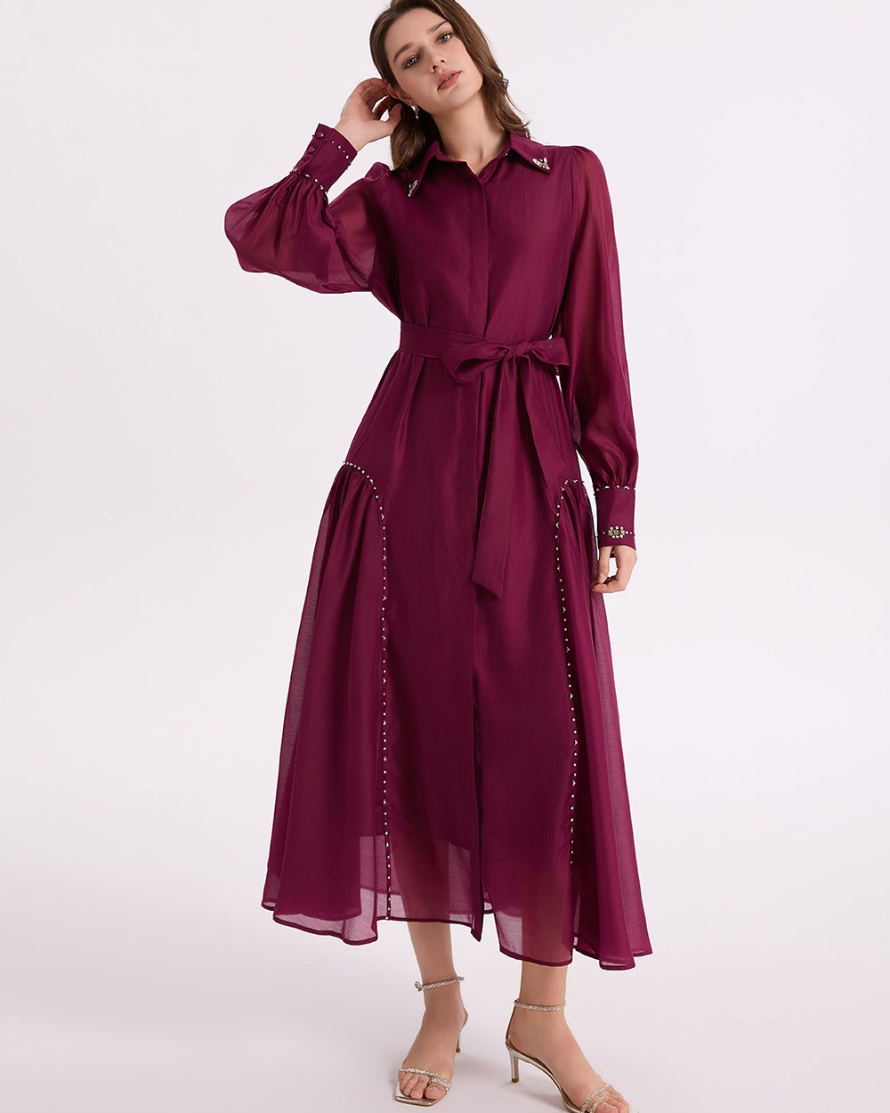 CM-DY070010 Women Elegant European Style Collar Neckline Long Sleeve Single-Breasted Maxi Dress - Purple
