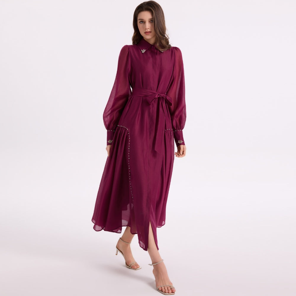 CM-DY070010 Women Elegant European Style Collar Neckline Long Sleeve Single-Breasted Maxi Dress - Purple