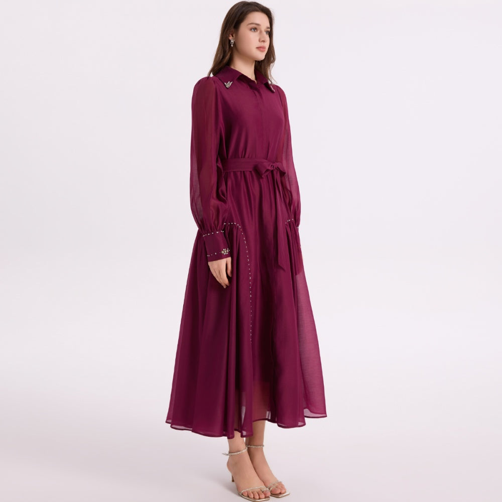 CM-DY070010 Women Elegant European Style Collar Neckline Long Sleeve Single-Breasted Maxi Dress - Purple