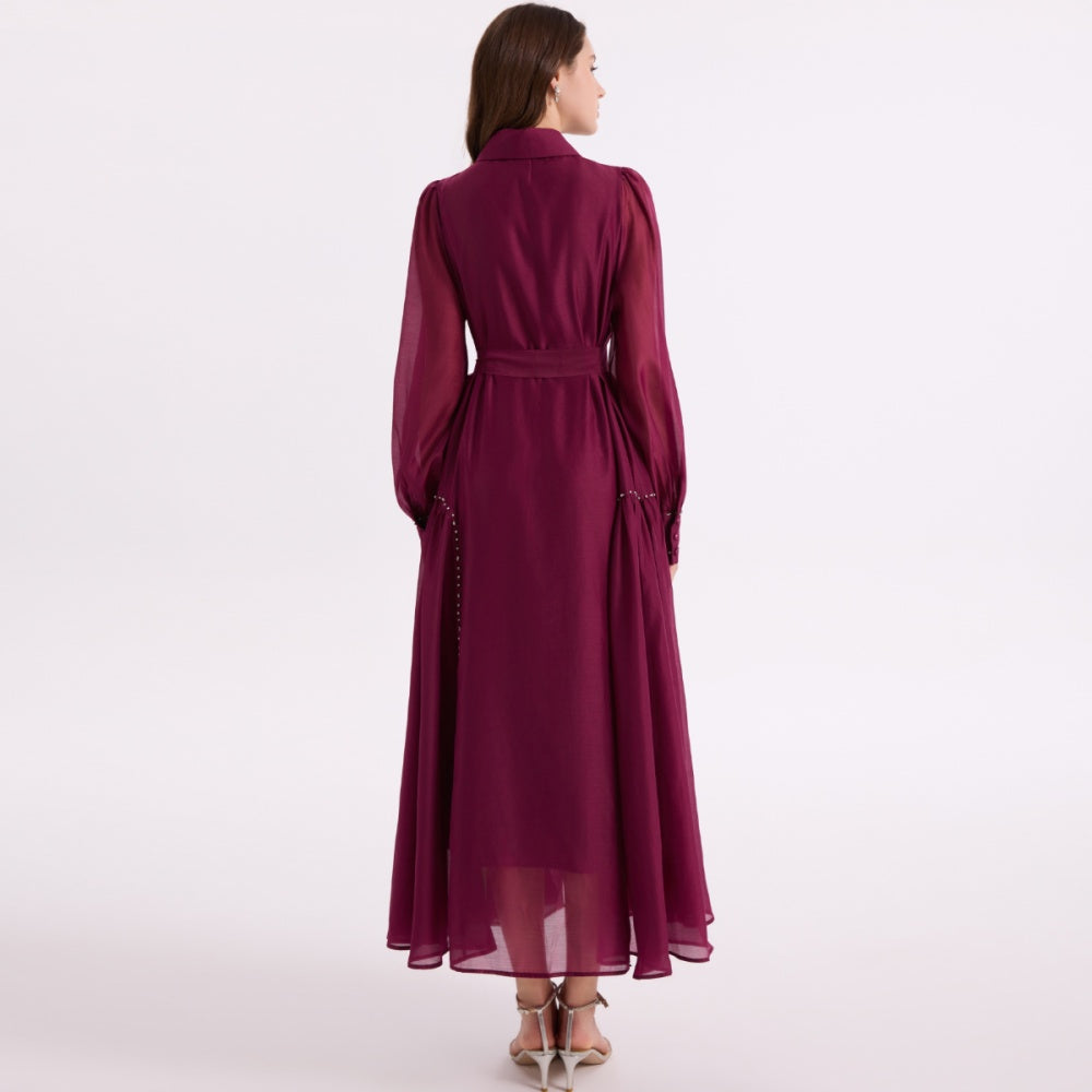 CM-DY070010 Women Elegant European Style Collar Neckline Long Sleeve Single-Breasted Maxi Dress - Purple