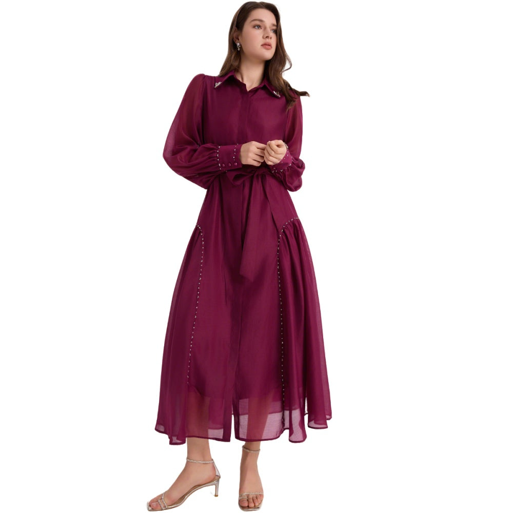 CM-DY070010 Women Elegant European Style Collar Neckline Long Sleeve Single-Breasted Maxi Dress - Purple