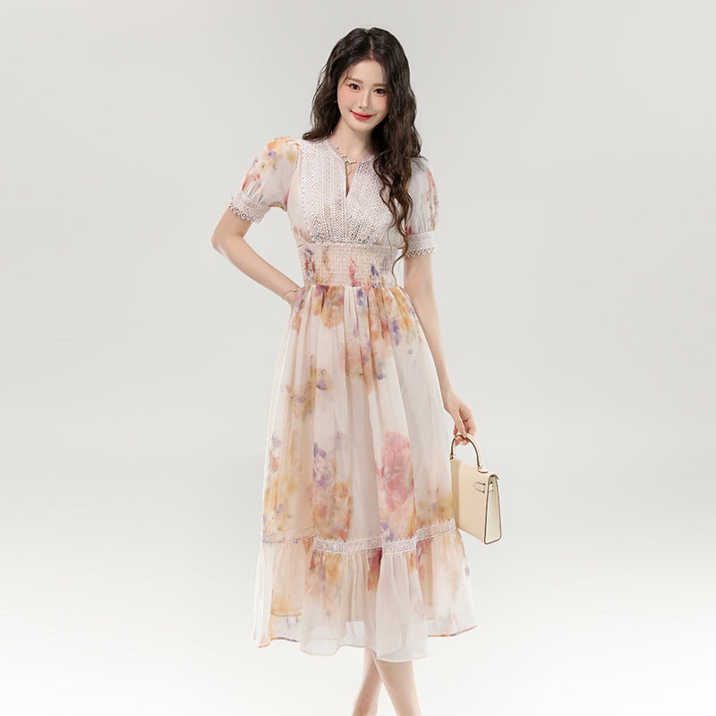 CM-DY070257 Women Elegant European Style Floral Print V-Neck Short Sleeve Long Dress - Apricot