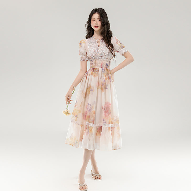 CM-DY070257 Women Elegant European Style Floral Print V-Neck Short Sleeve Long Dress - Apricot