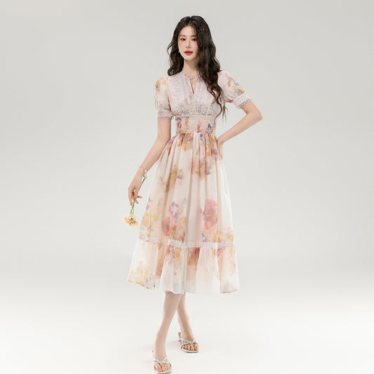 CM-DY070257 Women Elegant European Style Floral Print V-Neck Short Sleeve Long Dress - Apricot
