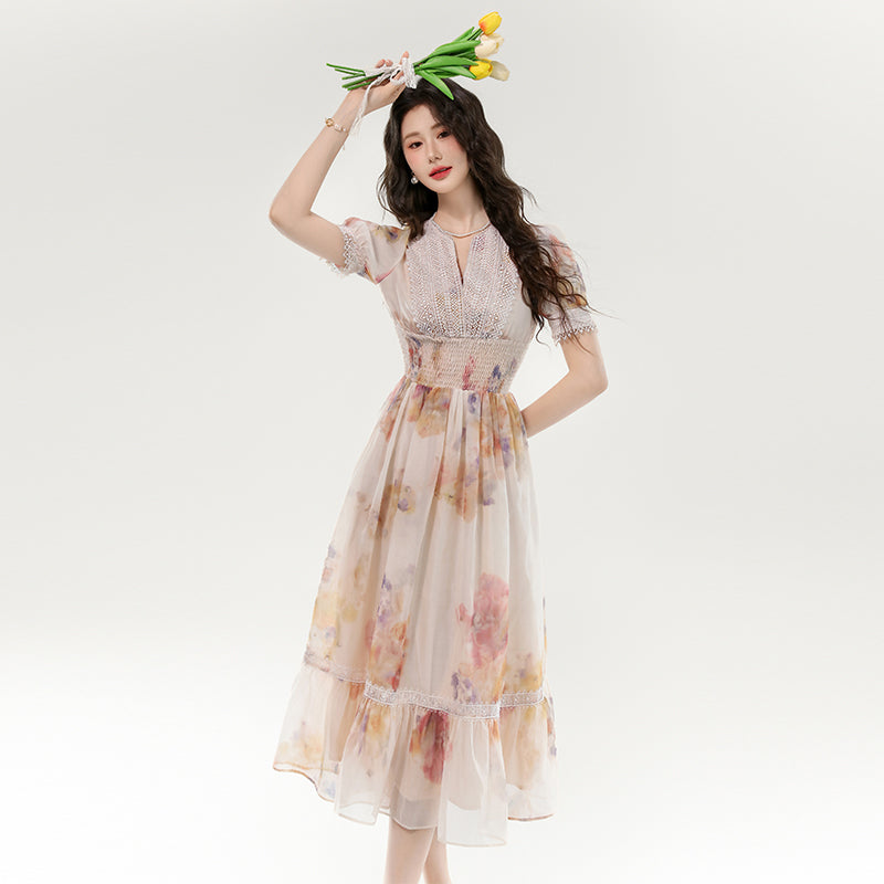 CM-DY070257 Women Elegant European Style Floral Print V-Neck Short Sleeve Long Dress - Apricot