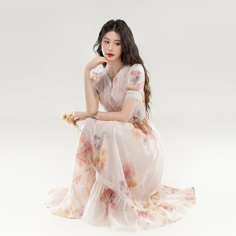 CM-DY070257 Women Elegant European Style Floral Print V-Neck Short Sleeve Long Dress - Apricot