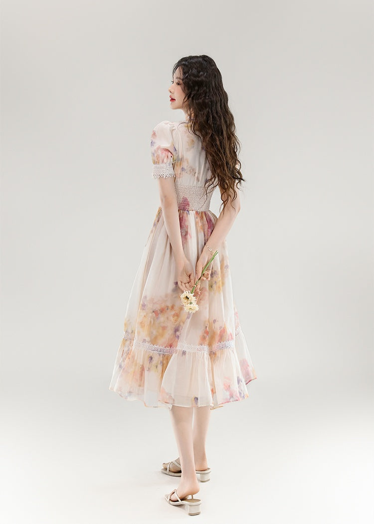 CM-DY070257 Women Elegant European Style Floral Print V-Neck Short Sleeve Long Dress - Apricot