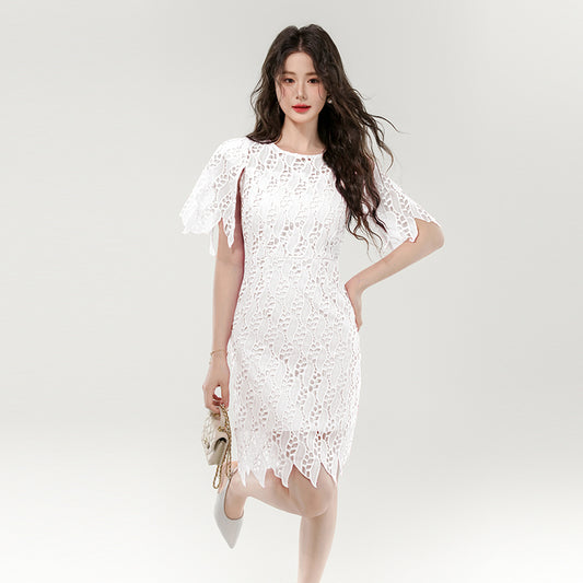 CM-DY070259 Women Elegant European Style Round Neck Short Sleeve Hollow Out Slim Lace Mini Dress (Available in 2 colors)