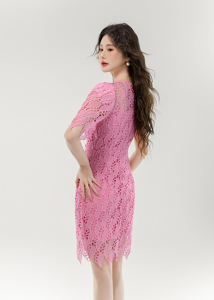 CM-DY070259 Women Elegant European Style Round Neck Short Sleeve Hollow Out Slim Lace Mini Dress (Available in 2 colors)