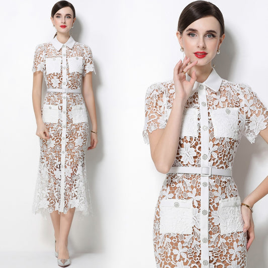 CM-DY070339 Women Elegant European Style Collar Neckline Short Sleeve Single-Breasted Belted Mermaid Dress - White