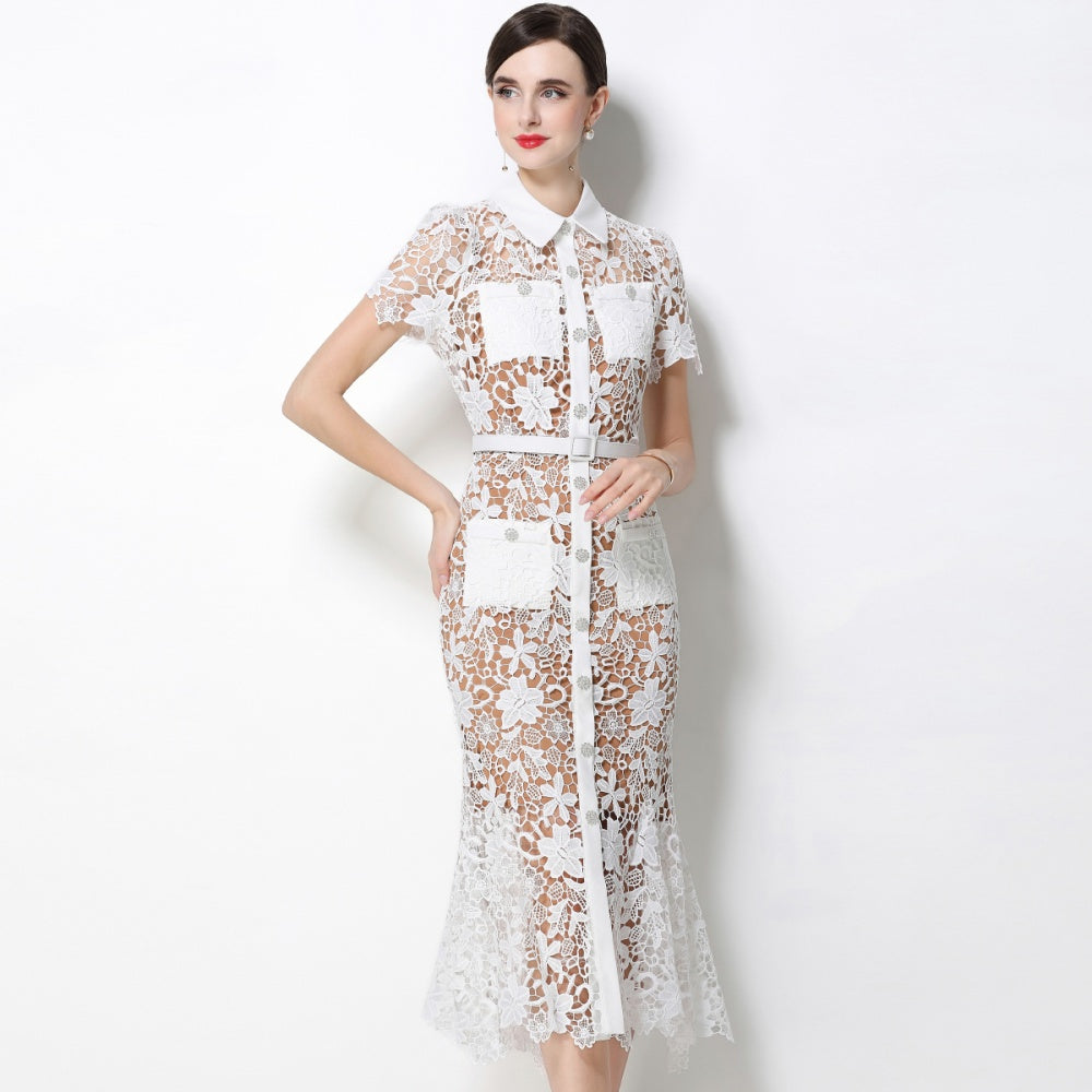 CM-DY070339 Women Elegant European Style Collar Neckline Short Sleeve Single-Breasted Belted Mermaid Dress - White