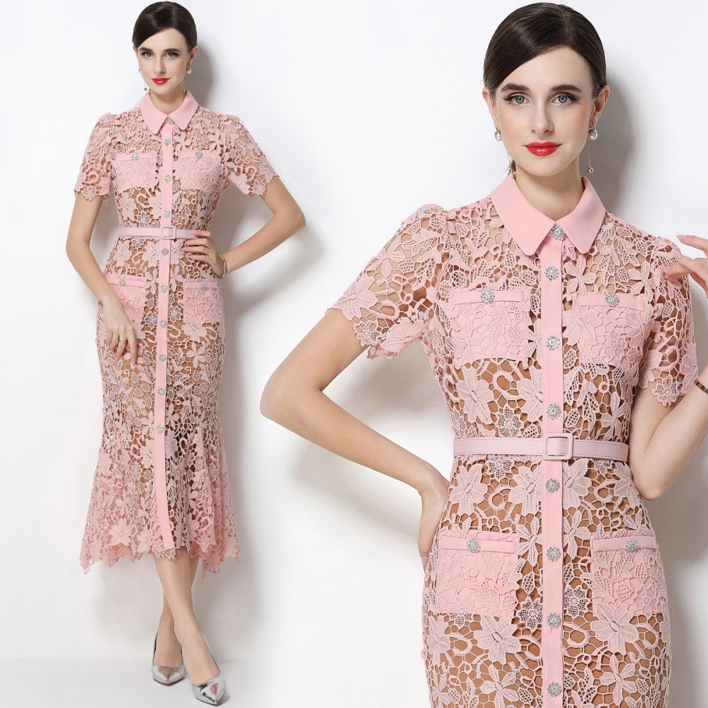 CM-DY070340 Women Elegant European Style Collar Neckline Short Sleeve Single-Breasted Belted Mermaid Dress - Pink