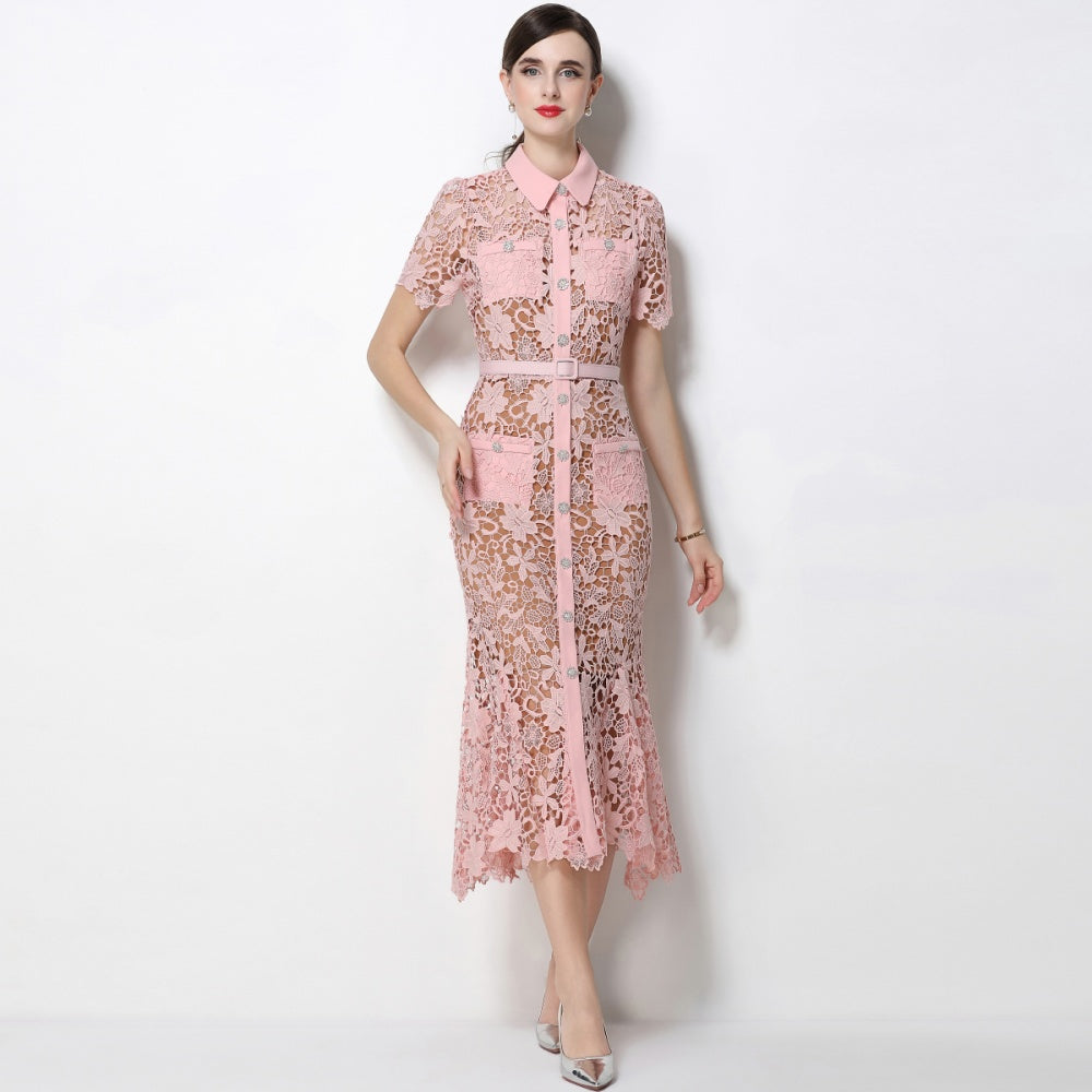 CM-DY070340 Women Elegant European Style Collar Neckline Short Sleeve Single-Breasted Belted Mermaid Dress - Pink
