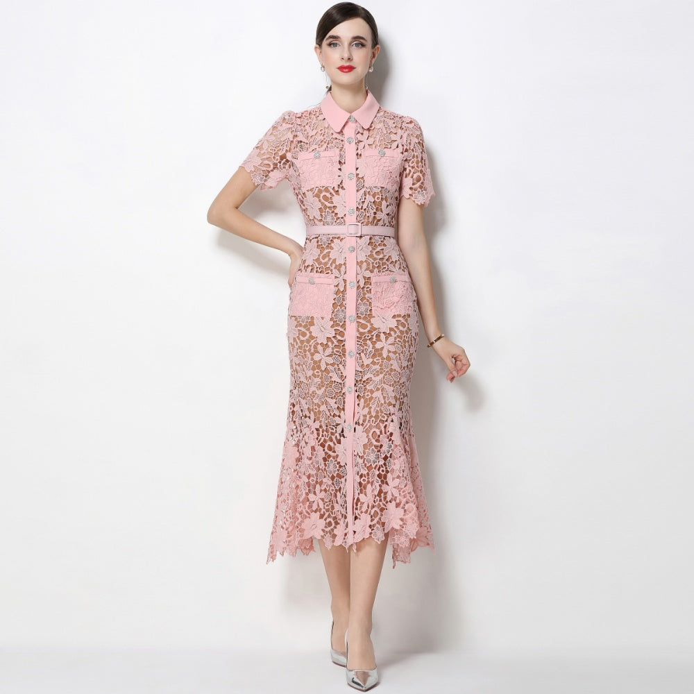 CM-DY070340 Women Elegant European Style Collar Neckline Short Sleeve Single-Breasted Belted Mermaid Dress - Pink