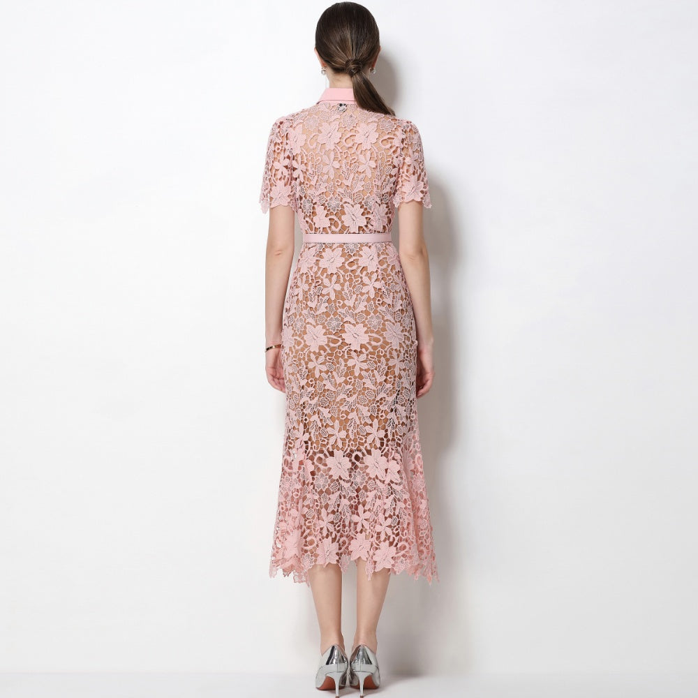 CM-DY070340 Women Elegant European Style Collar Neckline Short Sleeve Single-Breasted Belted Mermaid Dress - Pink