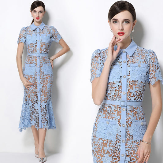 CM-DY070341 Women Elegant European Style Collar Neckline Short Sleeve Single-Breasted Belted Mermaid Dress - Blue