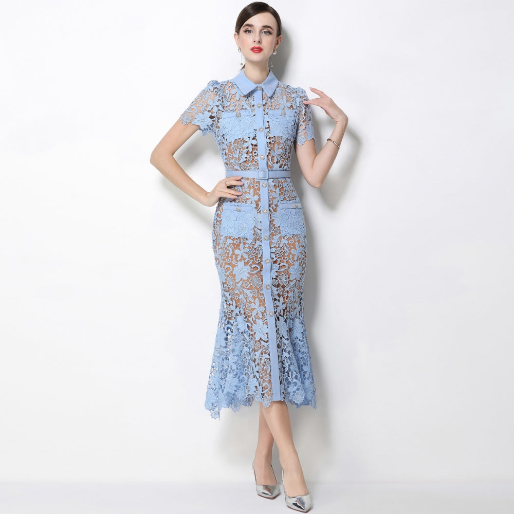CM-DY070341 Women Elegant European Style Collar Neckline Short Sleeve Single-Breasted Belted Mermaid Dress - Blue
