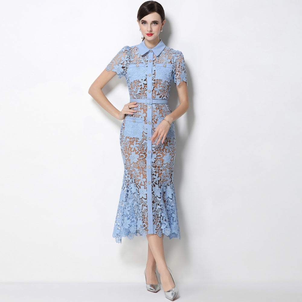CM-DY070341 Women Elegant European Style Collar Neckline Short Sleeve Single-Breasted Belted Mermaid Dress - Blue