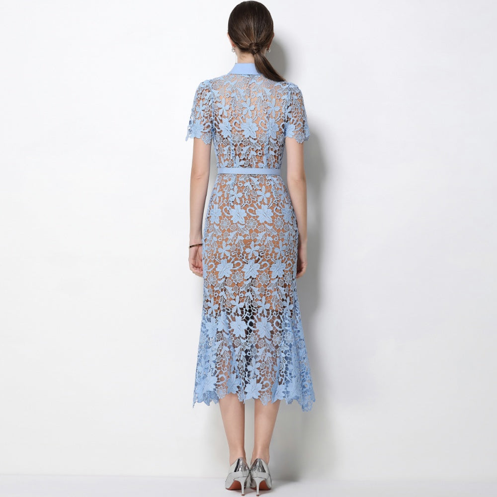 CM-DY070341 Women Elegant European Style Collar Neckline Short Sleeve Single-Breasted Belted Mermaid Dress - Blue