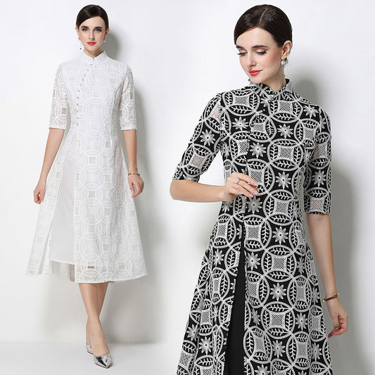 CM-DY070358 Women Elegant European Style Stand Collar Half Sleeve Embroidered A-Line Midi Dress (Available in 2 colors)