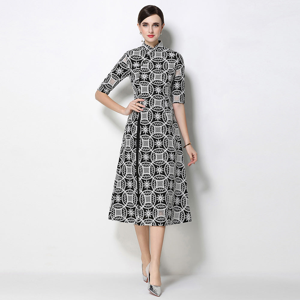 CM-DY070358 Women Elegant European Style Stand Collar Half Sleeve Embroidered A-Line Midi Dress (Available in 2 colors)