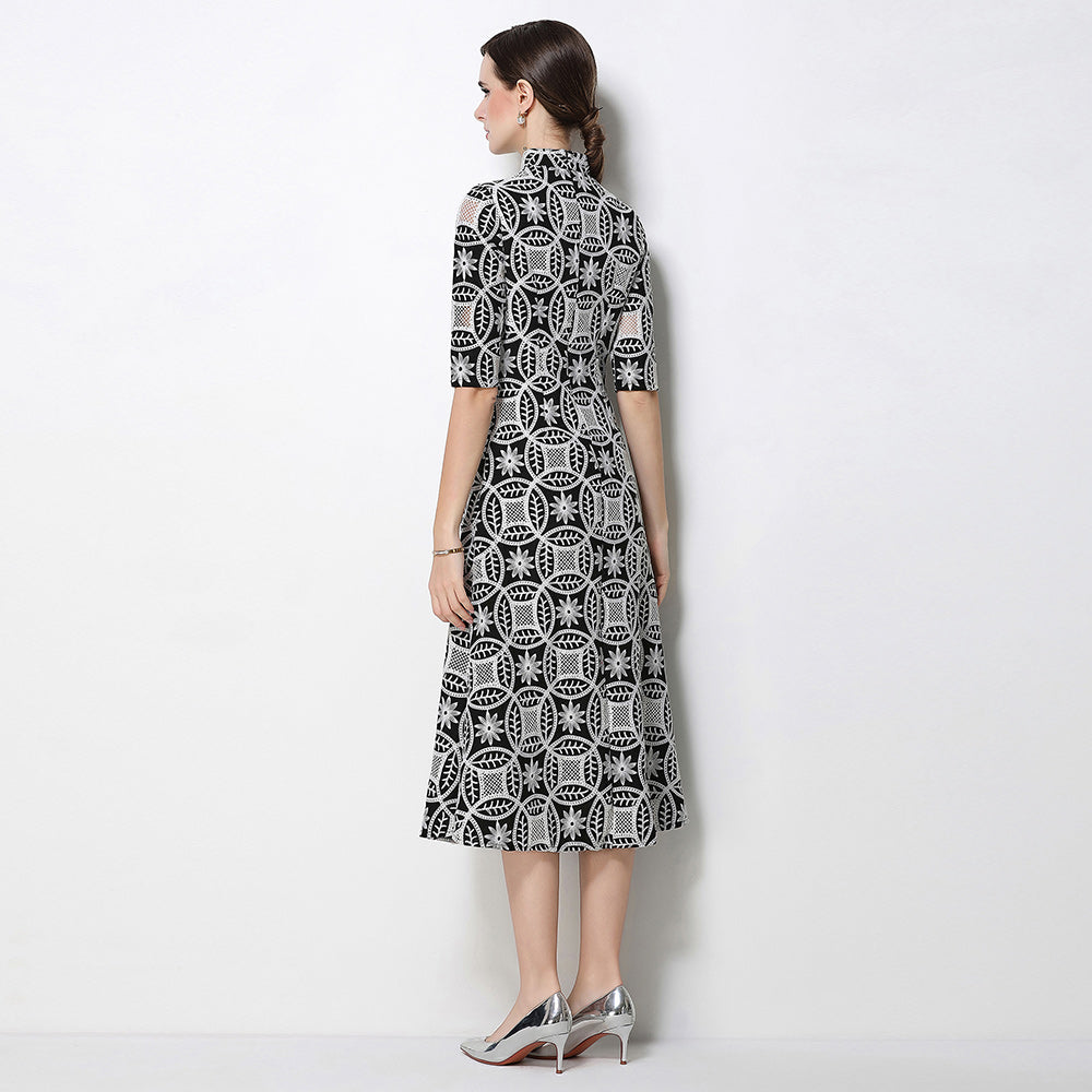 CM-DY070358 Women Elegant European Style Stand Collar Half Sleeve Embroidered A-Line Midi Dress (Available in 2 colors)