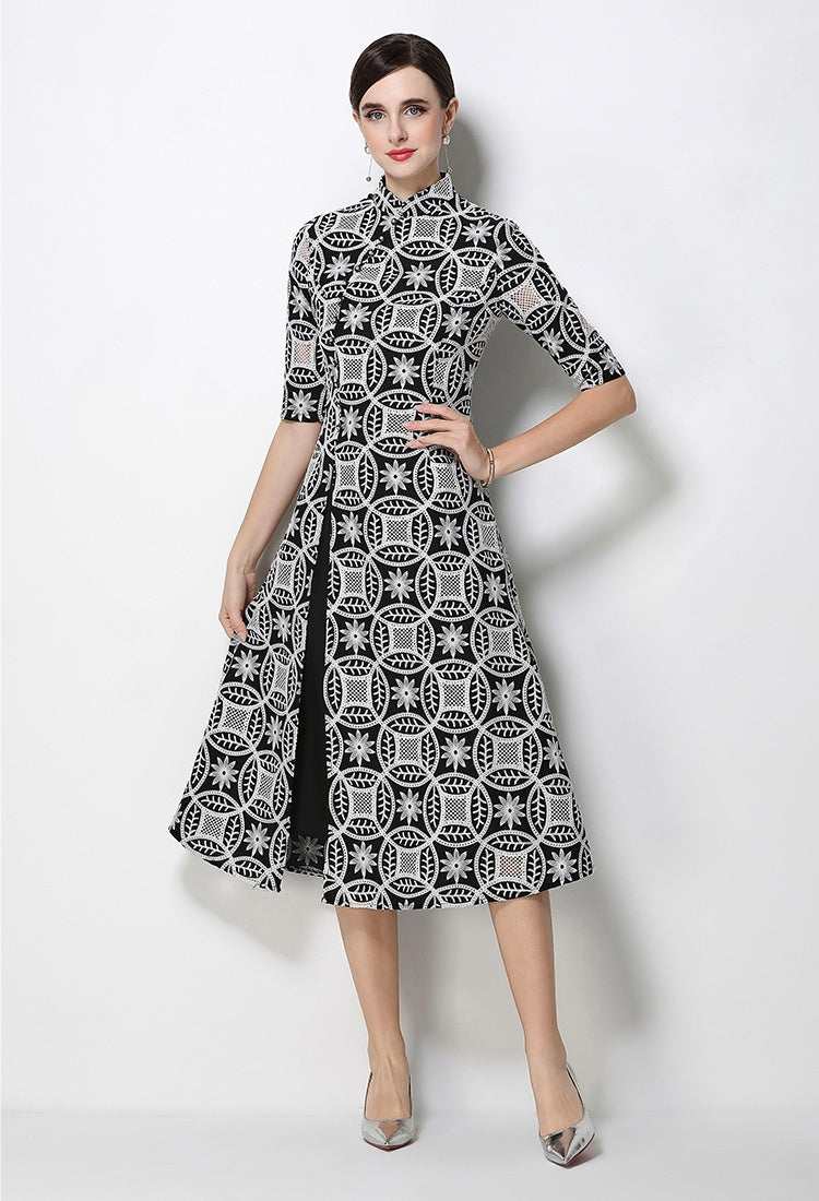 CM-DY070358 Women Elegant European Style Stand Collar Half Sleeve Embroidered A-Line Midi Dress (Available in 2 colors)