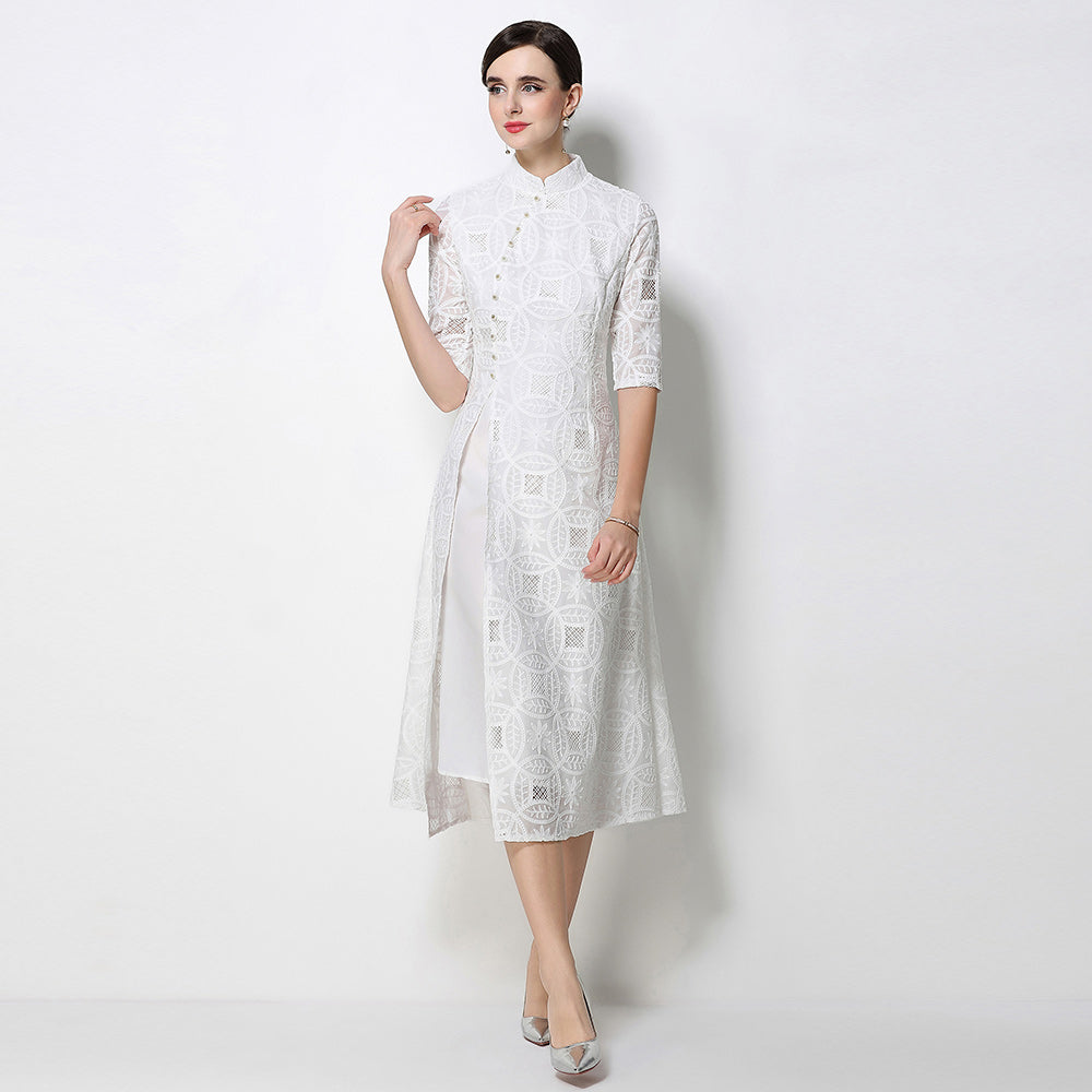 CM-DY070358 Women Elegant European Style Stand Collar Half Sleeve Embroidered A-Line Midi Dress (Available in 2 colors)