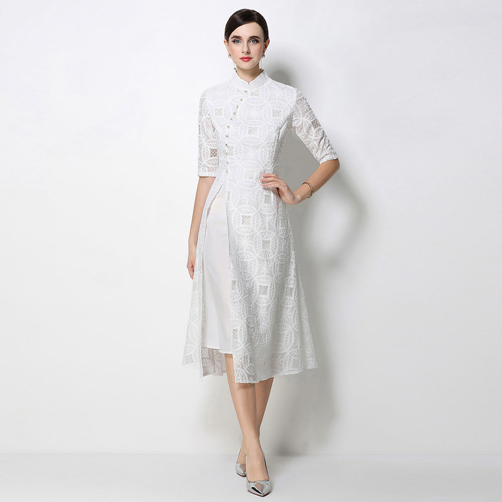 CM-DY070358 Women Elegant European Style Stand Collar Half Sleeve Embroidered A-Line Midi Dress (Available in 2 colors)