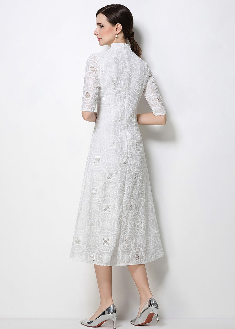 CM-DY070358 Women Elegant European Style Stand Collar Half Sleeve Embroidered A-Line Midi Dress (Available in 2 colors)