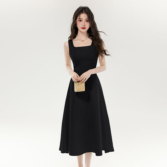 CM-DY070369 Women Elegant European Style Square Collar Sleeveless A-Line Long Dress - Black