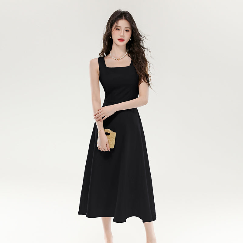 CM-DY070369 Women Elegant European Style Square Collar Sleeveless A-Line Long Dress - Black