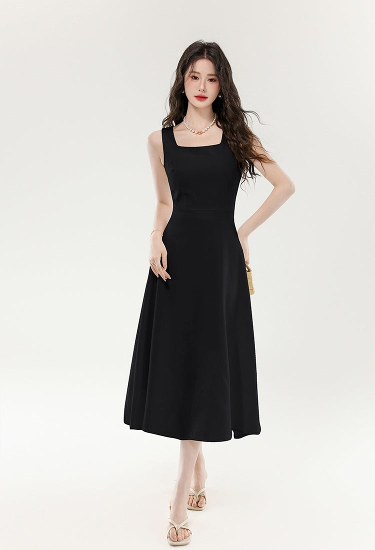 CM-DY070369 Women Elegant European Style Square Collar Sleeveless A-Line Long Dress - Black