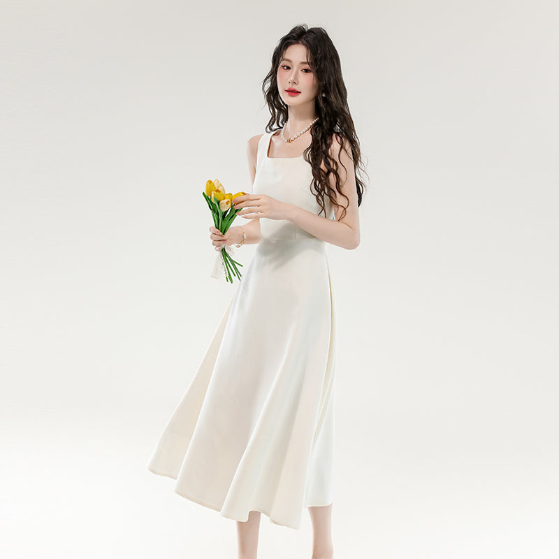 CM-DY070369 Women Elegant European Style Square Collar Sleeveless A-Line Long Dress - Black