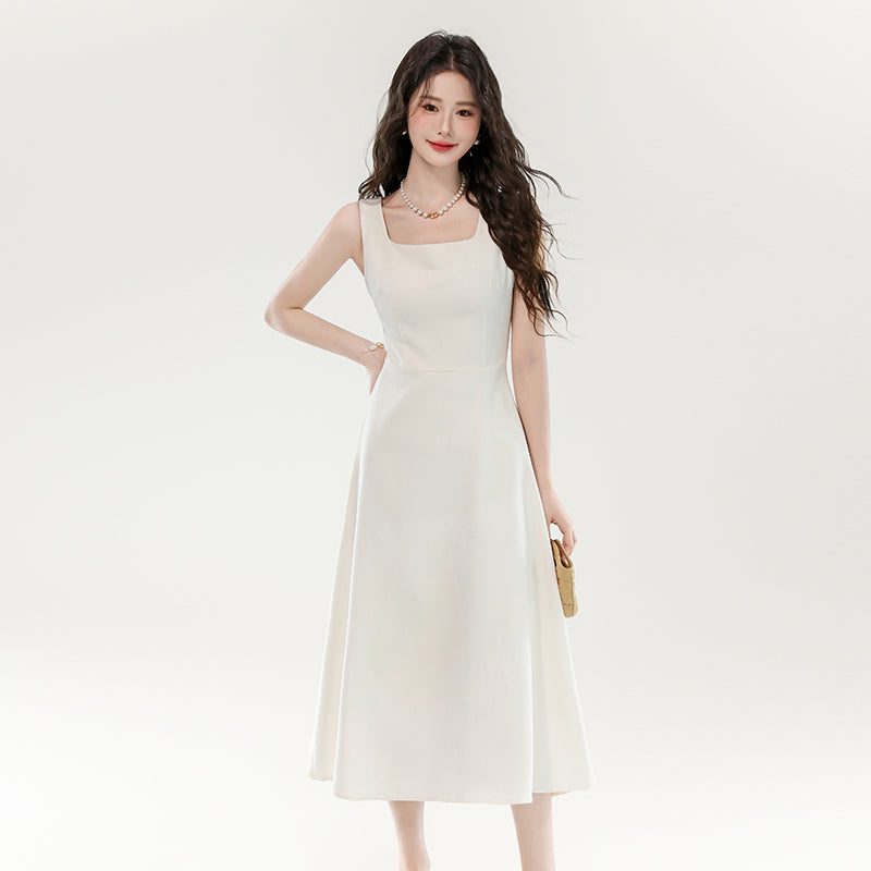 CM-DY070369 Women Elegant European Style Square Collar Sleeveless A-Line Long Dress - Black