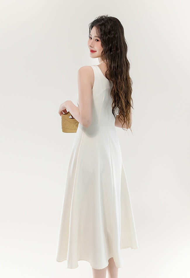 CM-DY070369 Women Elegant European Style Square Collar Sleeveless A-Line Long Dress - Black