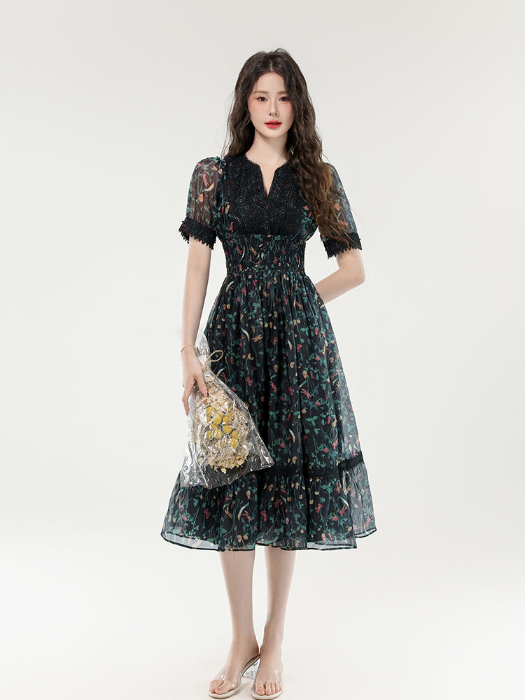 CM-DY070377 Women Elegant European Style Floral Print V-Neck Short Sleeve Pinched Waist Midi Dress