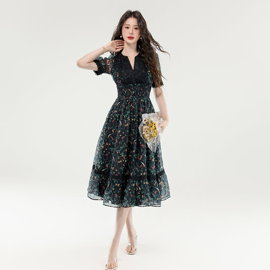 CM-DY070377 Women Elegant European Style Floral Print V-Neck Short Sleeve Pinched Waist Midi Dress