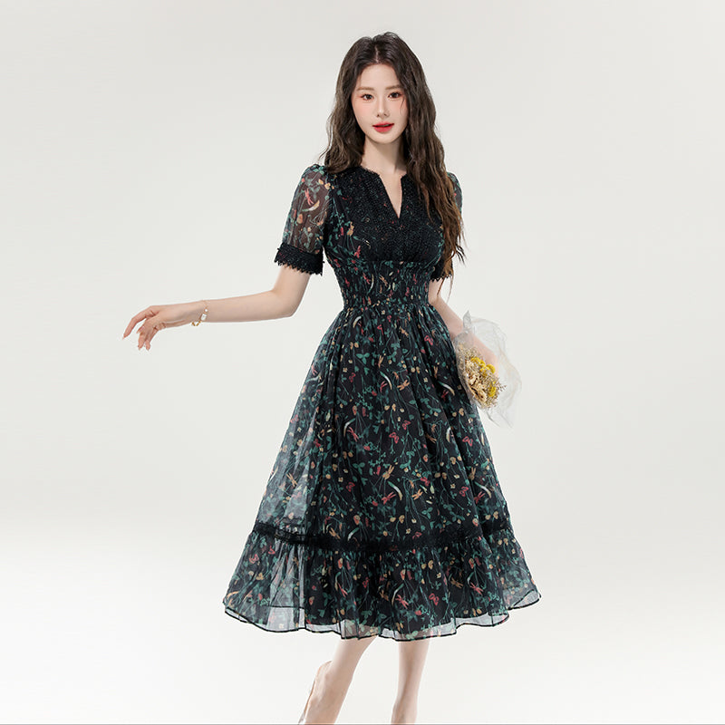 CM-DY070377 Women Elegant European Style Floral Print V-Neck Short Sleeve Pinched Waist Midi Dress