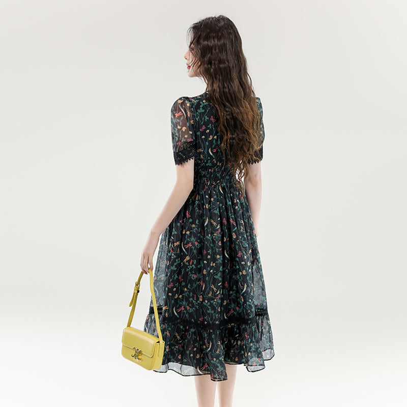 CM-DY070377 Women Elegant European Style Floral Print V-Neck Short Sleeve Pinched Waist Midi Dress