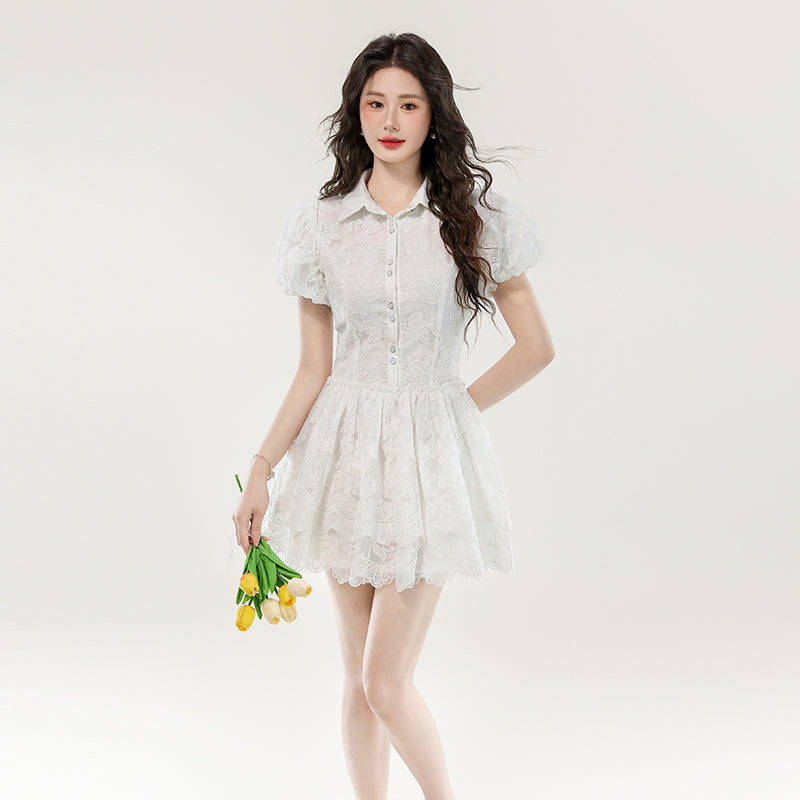 CM-DY070382 Women Elegant European Style Lace Lapel Neckline Puff Sleeve Short Dress - White