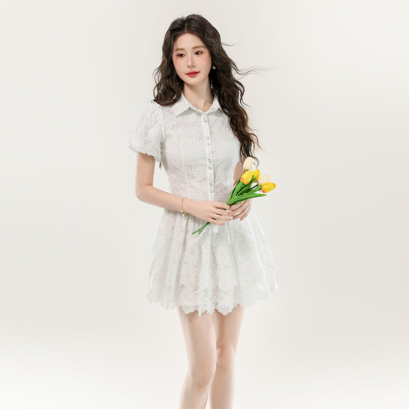 CM-DY070382 Women Elegant European Style Lace Lapel Neckline Puff Sleeve Short Dress - White