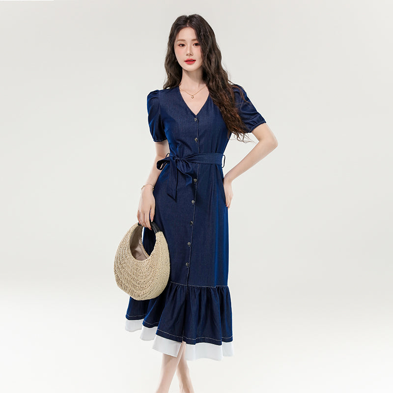 CM-DY070399 Women Elegant European Style V-Neck Short Sleeve Belted Slim Fishtail Dress - Blue