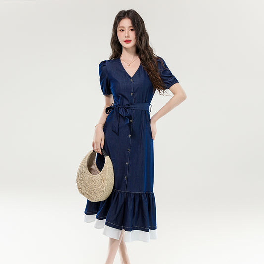 CM-DY070399 Women Elegant European Style V-Neck Short Sleeve Belted Slim Fishtail Dress - Blue