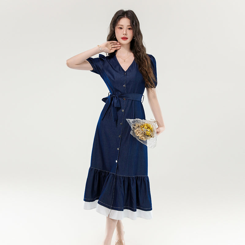 CM-DY070399 Women Elegant European Style V-Neck Short Sleeve Belted Slim Fishtail Dress - Blue