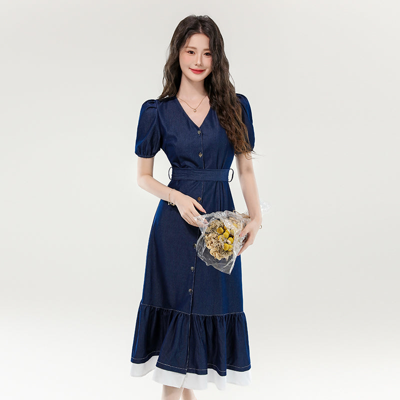CM-DY070399 Women Elegant European Style V-Neck Short Sleeve Belted Slim Fishtail Dress - Blue